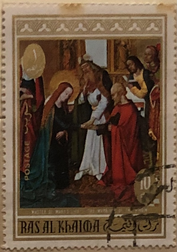 Francobollo Stamp 10 Dh Master of Mary’s life The marriage of the Virgin Ras Al Khaima di AA.VV.