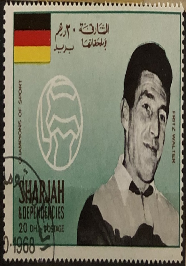 Francobollo Stamp 20 Dh Champions of sport Fritz Walter Sharjah & Dependencies 1968 USATO di AA.VV.