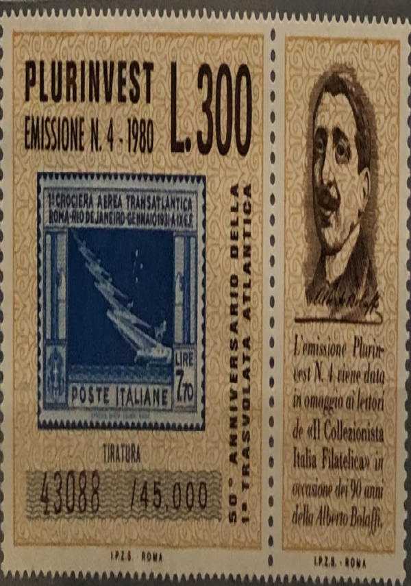 Francobollo Stamp Lire 300 1980 Plurinvest Tiratura 43088/45000 Anniversario Transvolata atlantica di AA.VV.